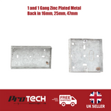 Metal Back Box 1 and 2 Gang Zinc Plated in 16mm, 25mm, 35mm, 47mm Eagle