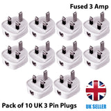 Pack of 10 White UK 3 Pin Plastic Fused Mains Plugs 3 Amp