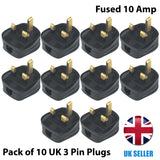 Pack of 10 Black UK 3 Pin Plastic Fused Mains Plug 10 Amp