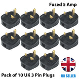 Pack of 10 Black UK 3 Pin Plastic Fused Mains Plug 5 Amp