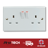 2 Gang Switched Plug Socket Double Gang 13A White Plastic Twin UK Wall Socket